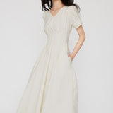 V-Neck Bubble Sleeve Waist Cinching Dress