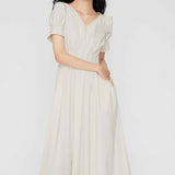 V-Neck Bubble Sleeve Waist Cinching Dress