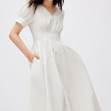 V-Neck Bubble Sleeve Waist Cinching Dress