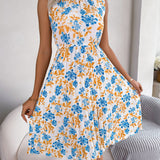 Ruffle Mock Neck Floral Pleated Midi Dress