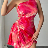 One - Shoulder Pleated Printed Mini Dress
