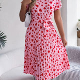 Heart Print Tie - Waist Pleated Dress