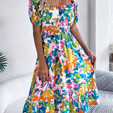 Floral Square Neck Puff Sleeve Midi Dress
