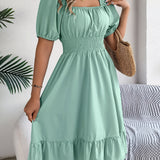 Square Neck Puff Sleeve Smocked Waist Ruffle A-Line Dress