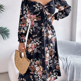 Floral Tie - Front Slit Midi Dress