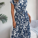 Floral Pleated Tie - Waist Midi Dress