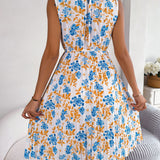 Ruffle Mock Neck Floral Pleated Midi Dress