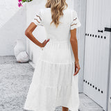 Smocked Tiered Midi Dress with Lace-Trim Sleeves