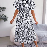 Leopard Print Tie-Waist Shirt Midi Dress