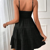 Square Neck Spaghetti Strap Textured Mini Dress