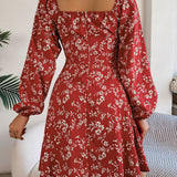 Square Neck Floral Long Sleeve A-Line Dress