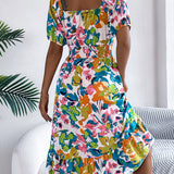 Floral Square Neck Puff Sleeve Midi Dress