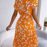 Leaf Print Belted Pleated Midi Dress