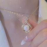 Stainless Steel Pearl & Zircon Pendant Necklace