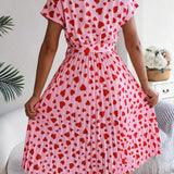 Heart Print Tie - Waist Pleated Dress