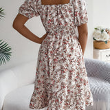 Floral Square Neck Smocked Waist Ruffle A-Line Dress
