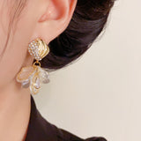 Rhinestone - Inlaid Rhombus & White Petal Drop Earrings