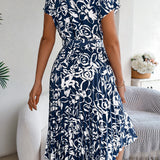 Floral Pleated Tie - Waist Midi Dress