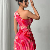 One - Shoulder Pleated Printed Mini Dress