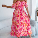 Floral Cold - Shoulder Tie - Waist Midi Dress