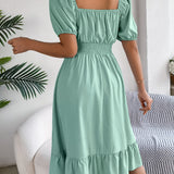 Square Neck Puff Sleeve Smocked Waist Ruffle A-Line Dress