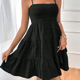 Square Neck Spaghetti Strap Textured Mini Dress