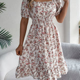 Floral Square Neck Smocked Waist Ruffle A-Line Dress