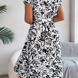 Floral V-Neck Batwing Sleeve Flowy Midi Dress