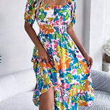 Floral Square Neck Puff Sleeve Midi Dress
