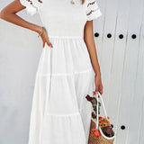 Smocked Tiered Midi Dress with Lace-Trim Sleeves