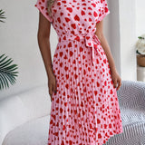 Heart Print Tie - Waist Pleated Dress