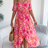 Floral Cold - Shoulder Tie - Waist Midi Dress