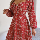 Square Neck Floral Long Sleeve A-Line Dress