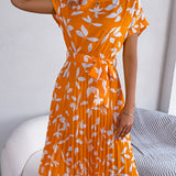 Leaf Print Belted Pleated Midi Dress