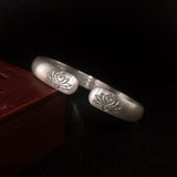 Pure Silver Retro Lotus Heart Sutra Open Bangle