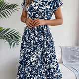Floral Pleated Tie - Waist Midi Dress