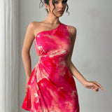 One - Shoulder Pleated Printed Mini Dress