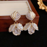 Rhinestone - Inlaid Rhombus & White Petal Drop Earrings