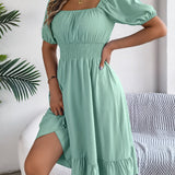 Square Neck Puff Sleeve Smocked Waist Ruffle A-Line Dress