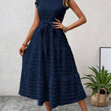 Ruffled Flutter Sleeve Belted Textured Midi Dress