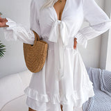 Tie Front Smocked Waist Ruffle Swing Dress