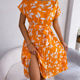 Leaf Print Belted Pleated Midi Dress
