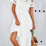 Smocked Tiered Midi Dress with Lace-Trim Sleeves