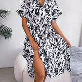 Leopard Print Tie-Waist Shirt Midi Dress