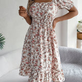 Floral Square Neck Smocked Waist Ruffle A-Line Dress