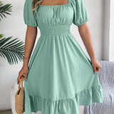 Square Neck Puff Sleeve Smocked Waist Ruffle A-Line Dress