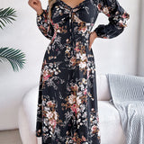 Floral Tie - Front Slit Midi Dress