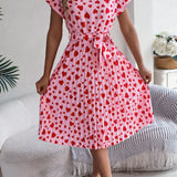 Heart Print Tie - Waist Pleated Dress
