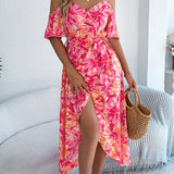 Floral Cold - Shoulder Tie - Waist Midi Dress