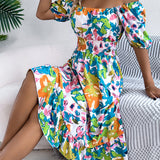 Floral Square Neck Puff Sleeve Midi Dress